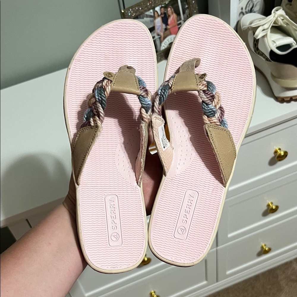 Sperry Women's Pink Footbed Braided-Strap Sandals with Tan Accents